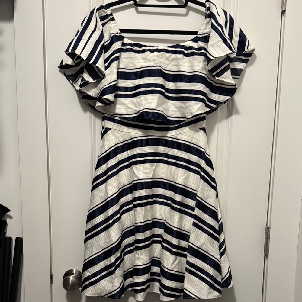 Belle Badgley Mischka Striped Off Shoulder Navy and Cream Cocktail Dress